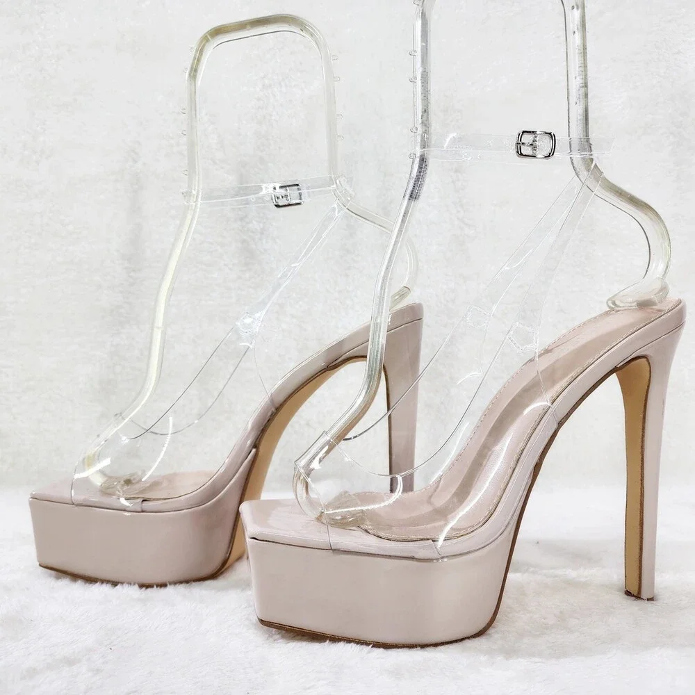NIB Evie Ankle Strap Slingback High Heels Platform Shoes Pumps Clear Nude Patent